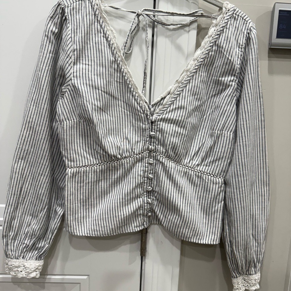 Striped V-Neck Button Front Women’s Top - White & Gray